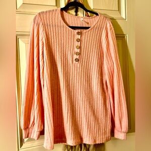 Soft Pink cozy round neck sweater with button details &delicate balloon sleeves